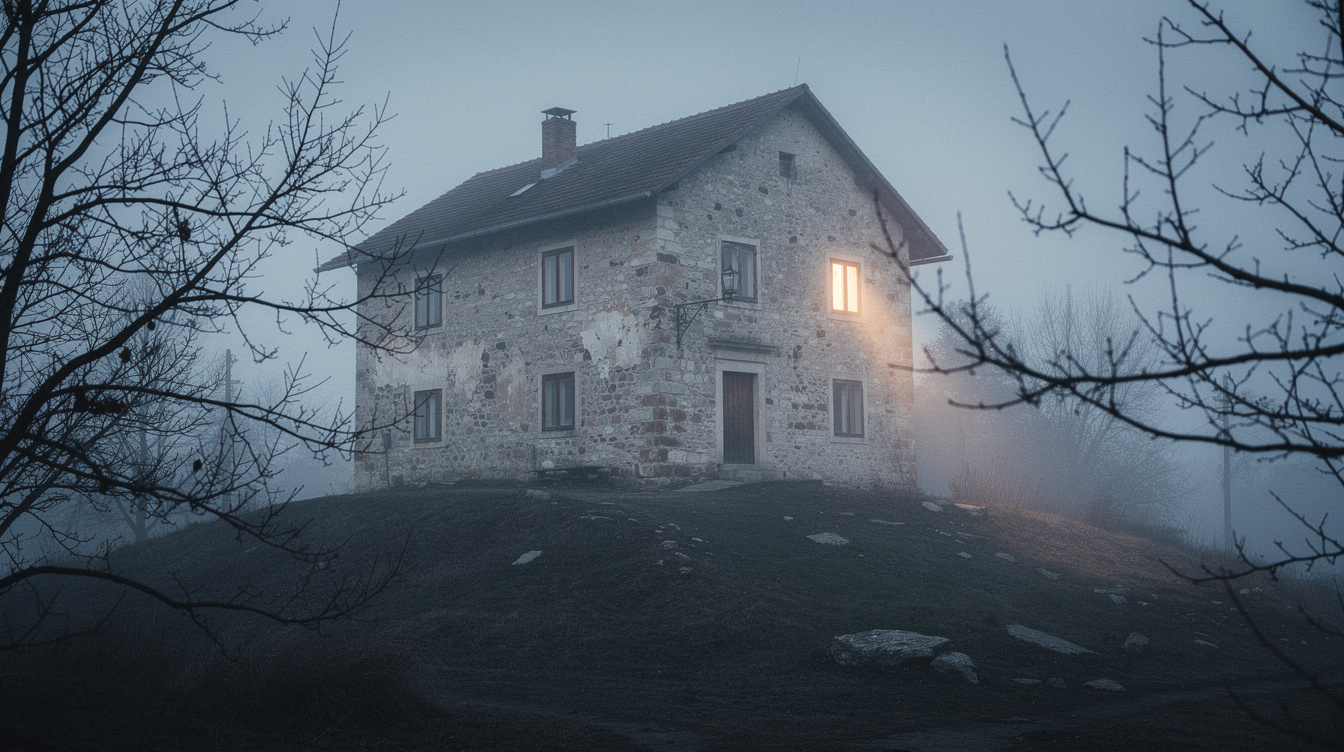 Old stone house shrouded in evening fog with a single lit window