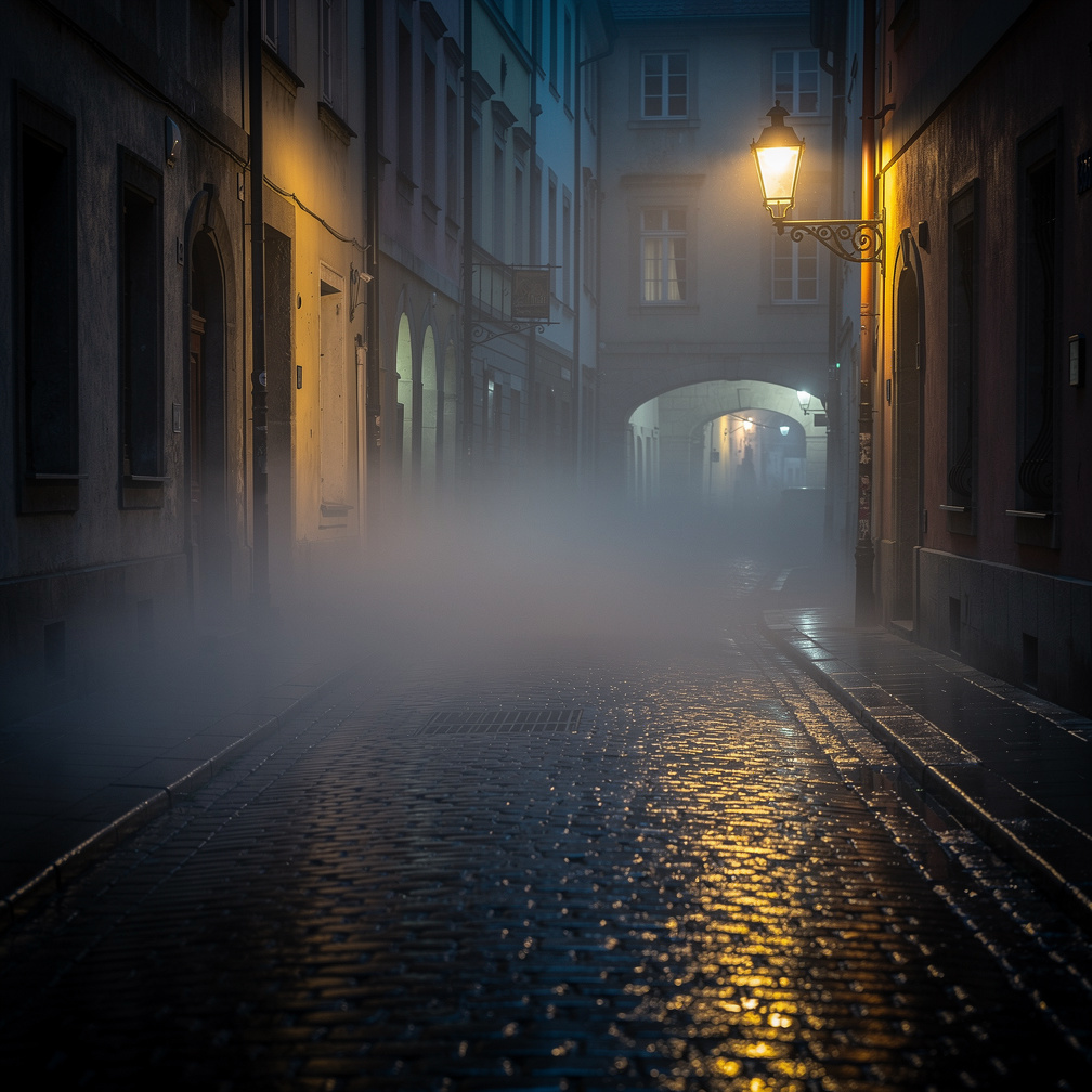 Foggy old European cobblestone street with a glowing lantern at night