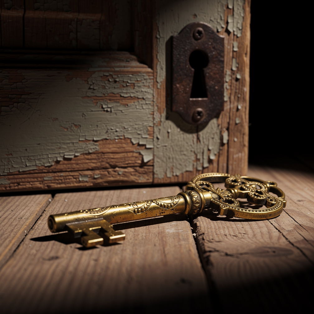 Old brass key lying beside a locked wooden door