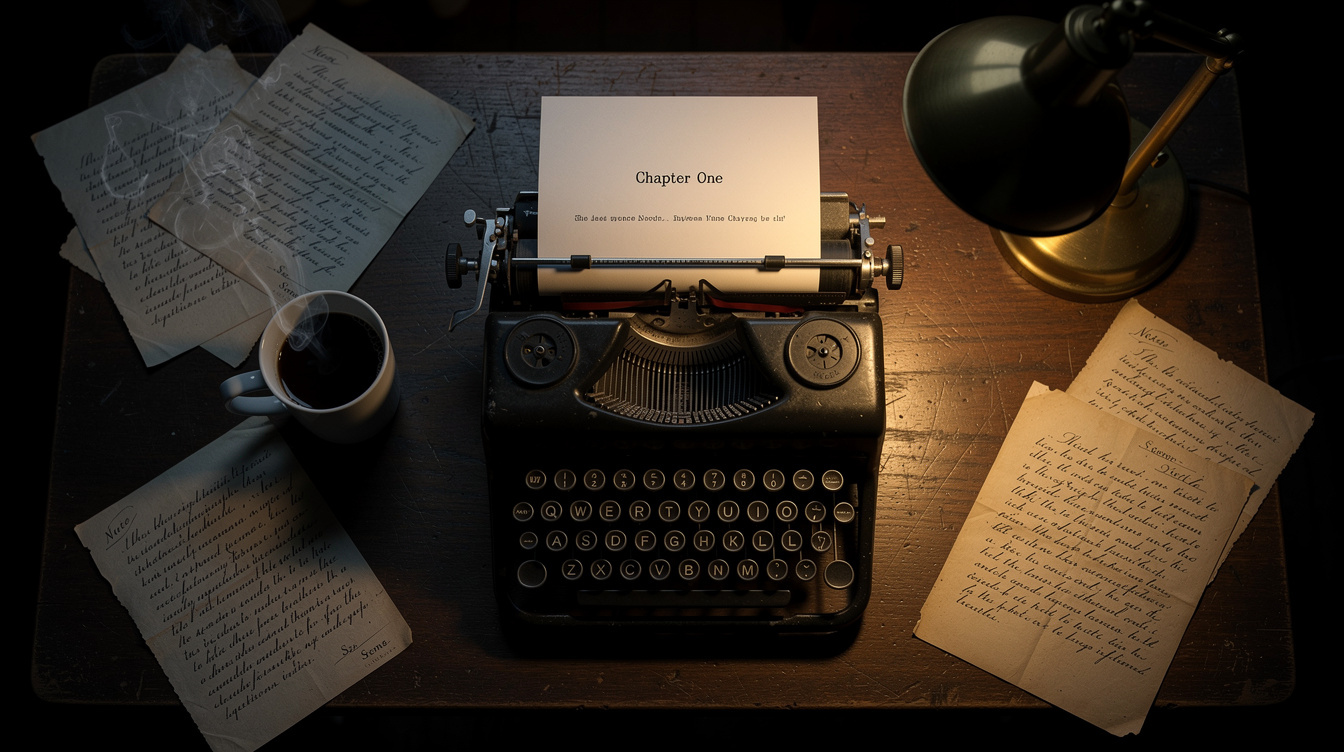 Moody flat lay of a writer's desk with typewriter, coffee cup and manuscript pages under warm lamp light