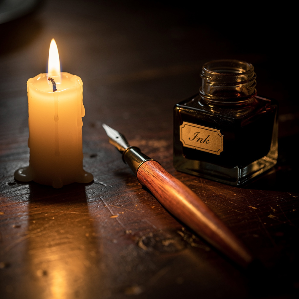 Lit candle next to an ink pen and inkwell on a wooden desk
