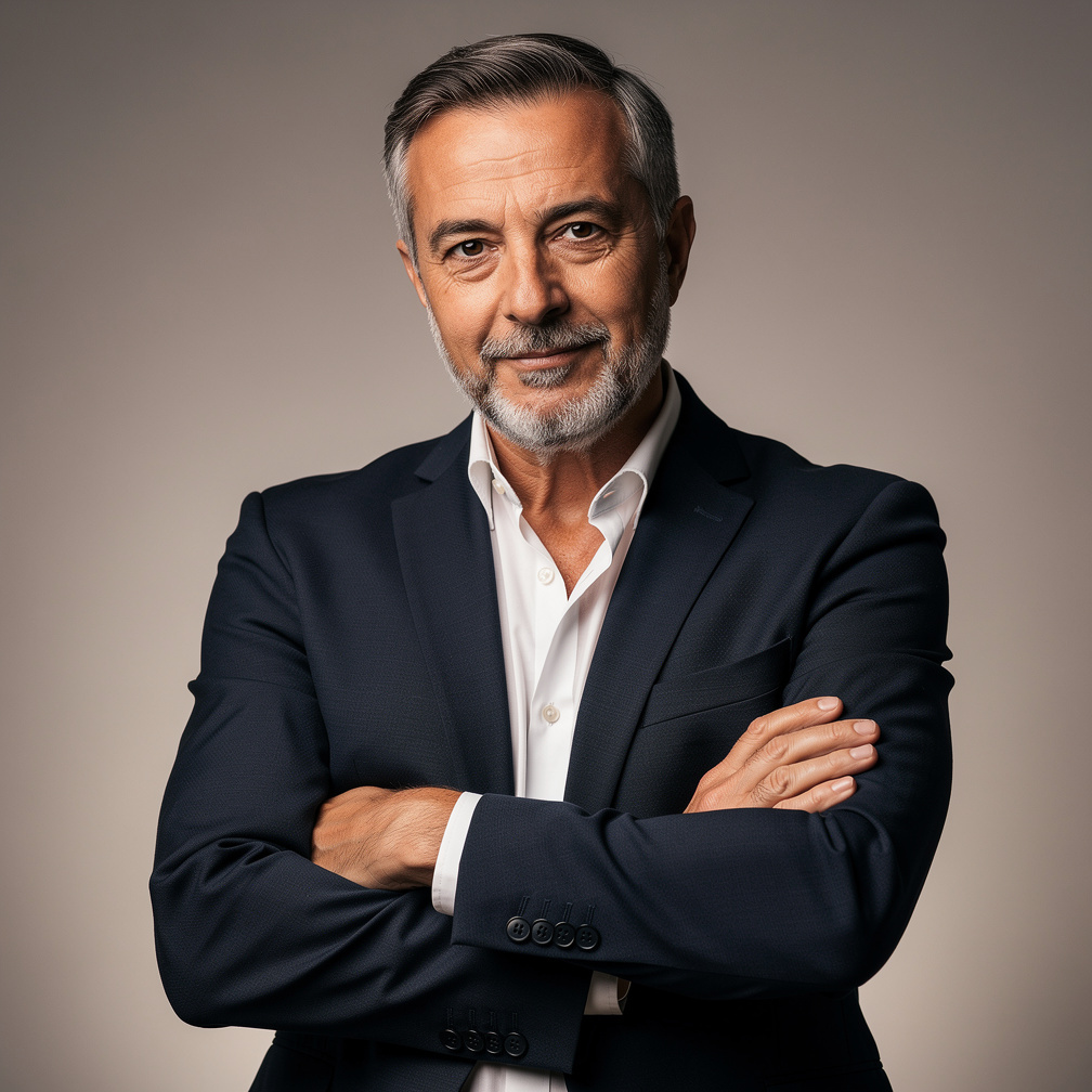 Studio portrait of a middle-aged Croatian male novelist with short grey beard, wearing a dark blazer, arms crossed, neutral background