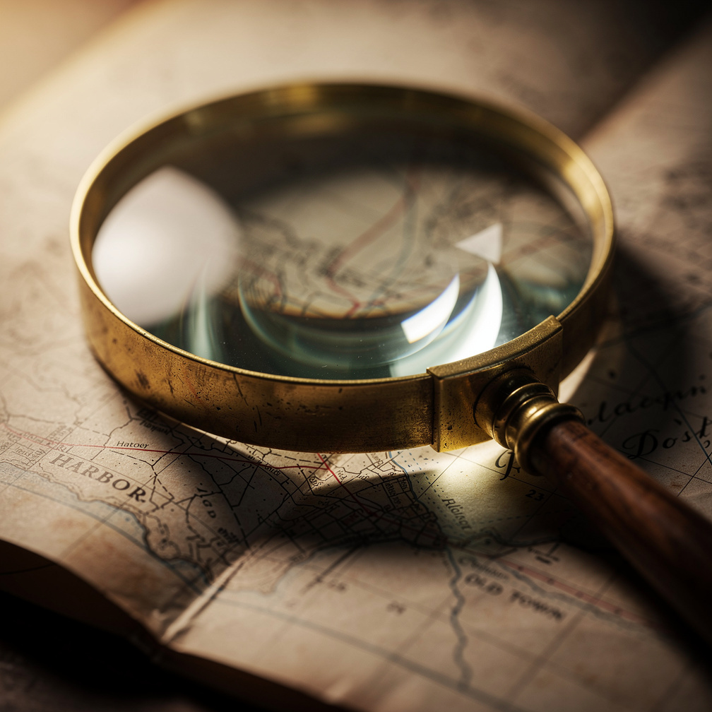 Vintage magnifying glass resting on an old folded map