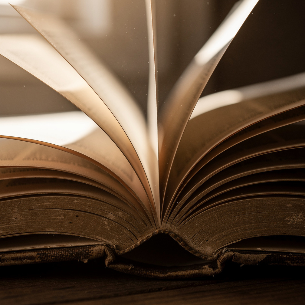 Close-up of an open antique book with yellowed pages