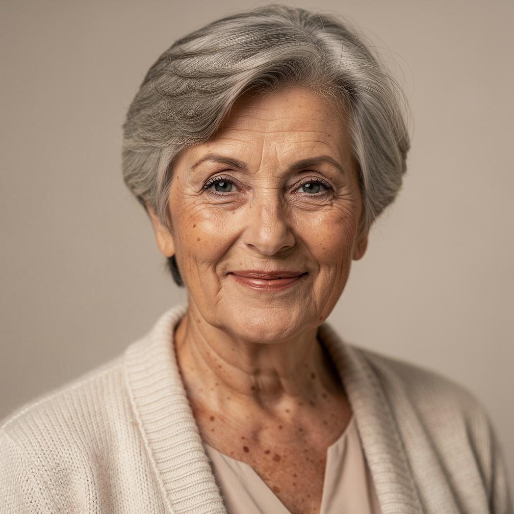 Studio portrait of an elderly Croatian woman with grey hair, warm smile, neutral background