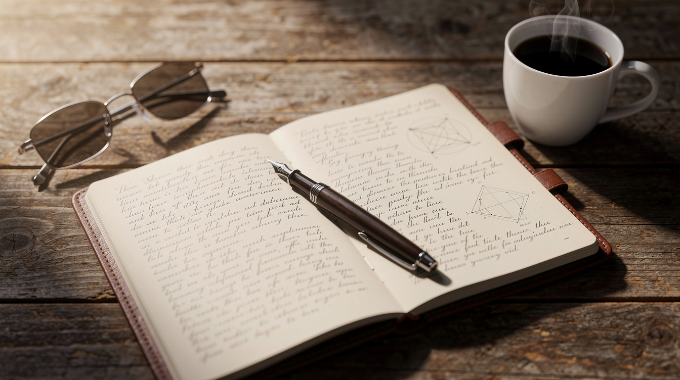 Open notebook with handwritten notes, a pen, and a cup of coffee on a wooden table