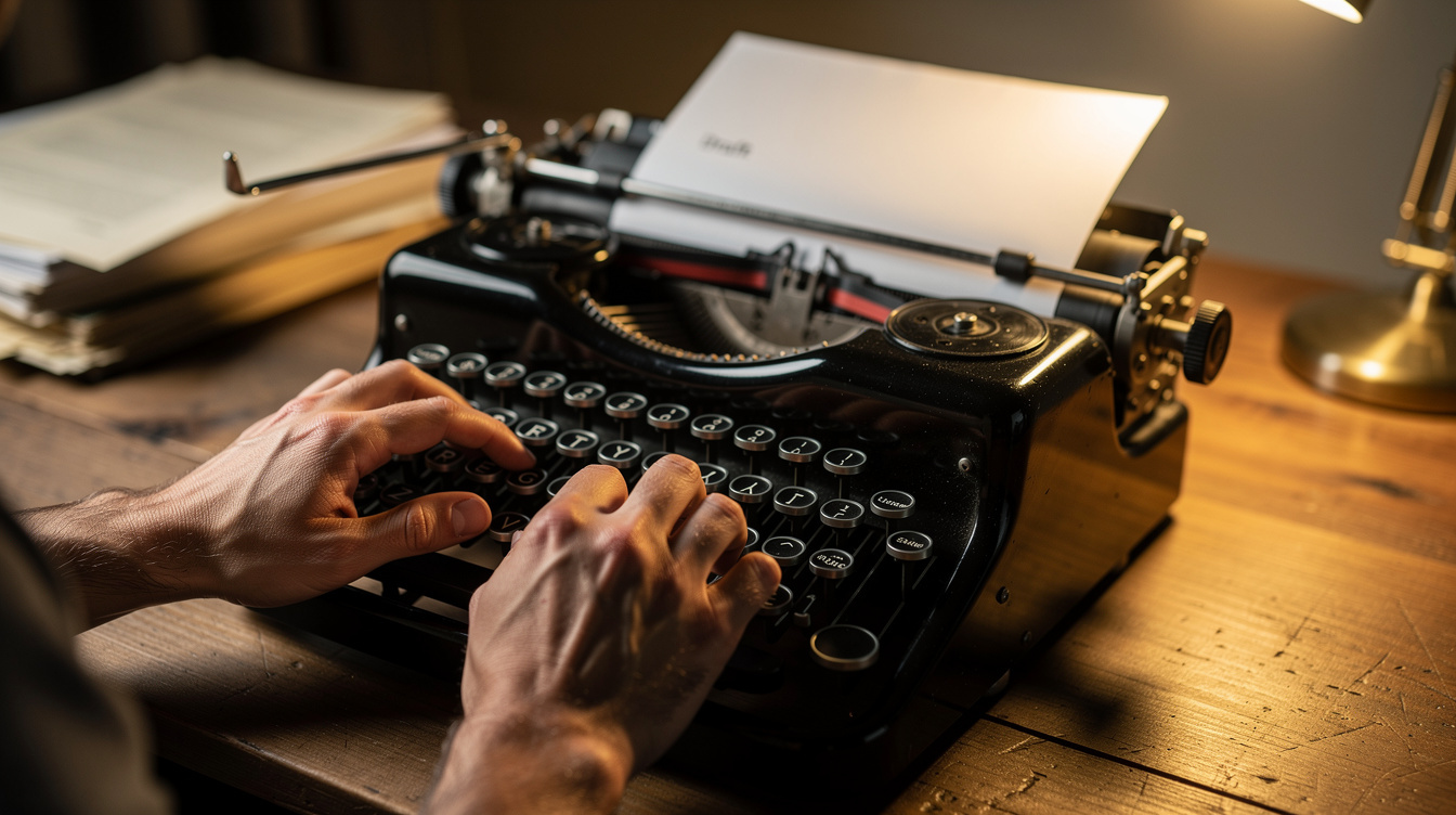 Close-up of hands typing on a vintage typewriter under warm desk lamp light, no face visible