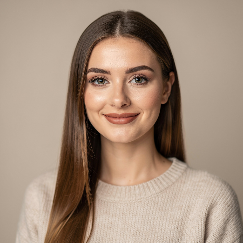 Studio portrait of a young Croatian woman with long brown hair, smiling softly, neutral background